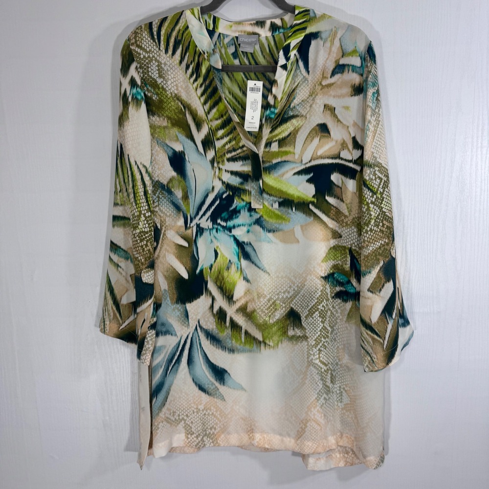 Chico's Women‎ Kurta Snake Print Tunic Top Size 2 Olive Green 3/4 Sleeve Casual